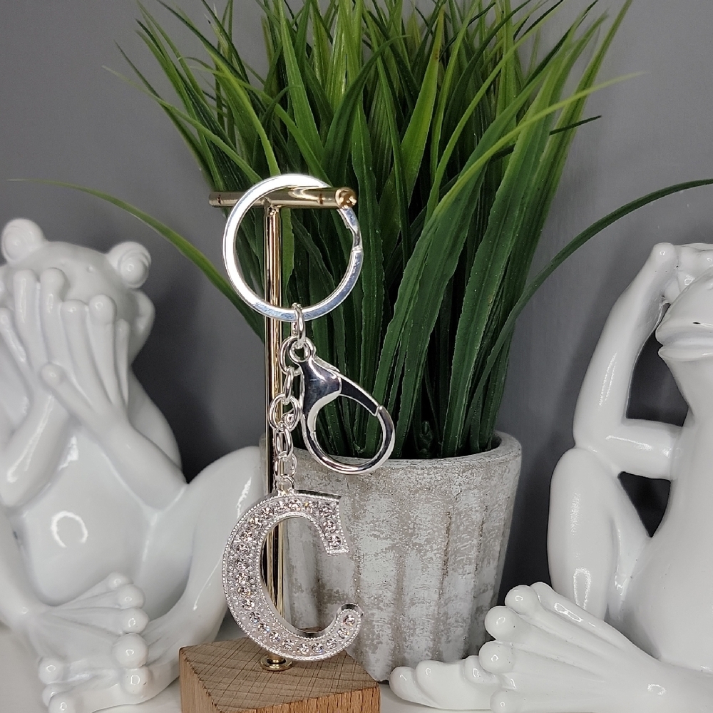 Letter C Initial C Alphabet C Rhinestone Silver Key Chain Bag Charm - Picture 7 of 8